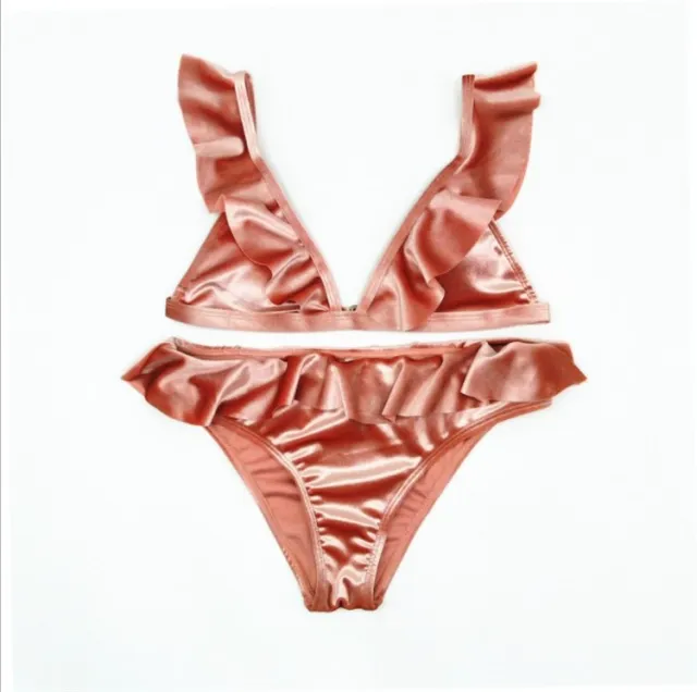 Women Ice Velvet Ruffle Bikini Sets Band Pink - Shop at LoveMi