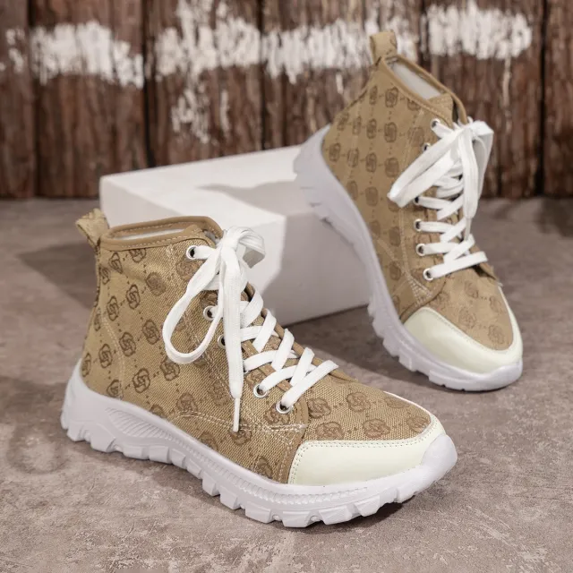 Rose printed Lace up Boots Fashion Breathable Canvas Shoes Sports Casual Non slip Thick soled Short Boot For Women Khaki - Shop at LoveMi