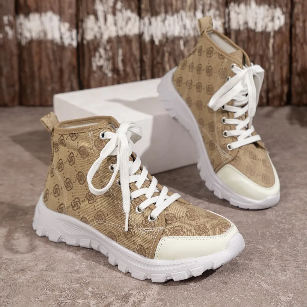 Rose-printed Lace-up Boots Fashion Breathable Canvas Shoes Sports Casual Non-slip Thick-soled Short Boot For Women - Khaki