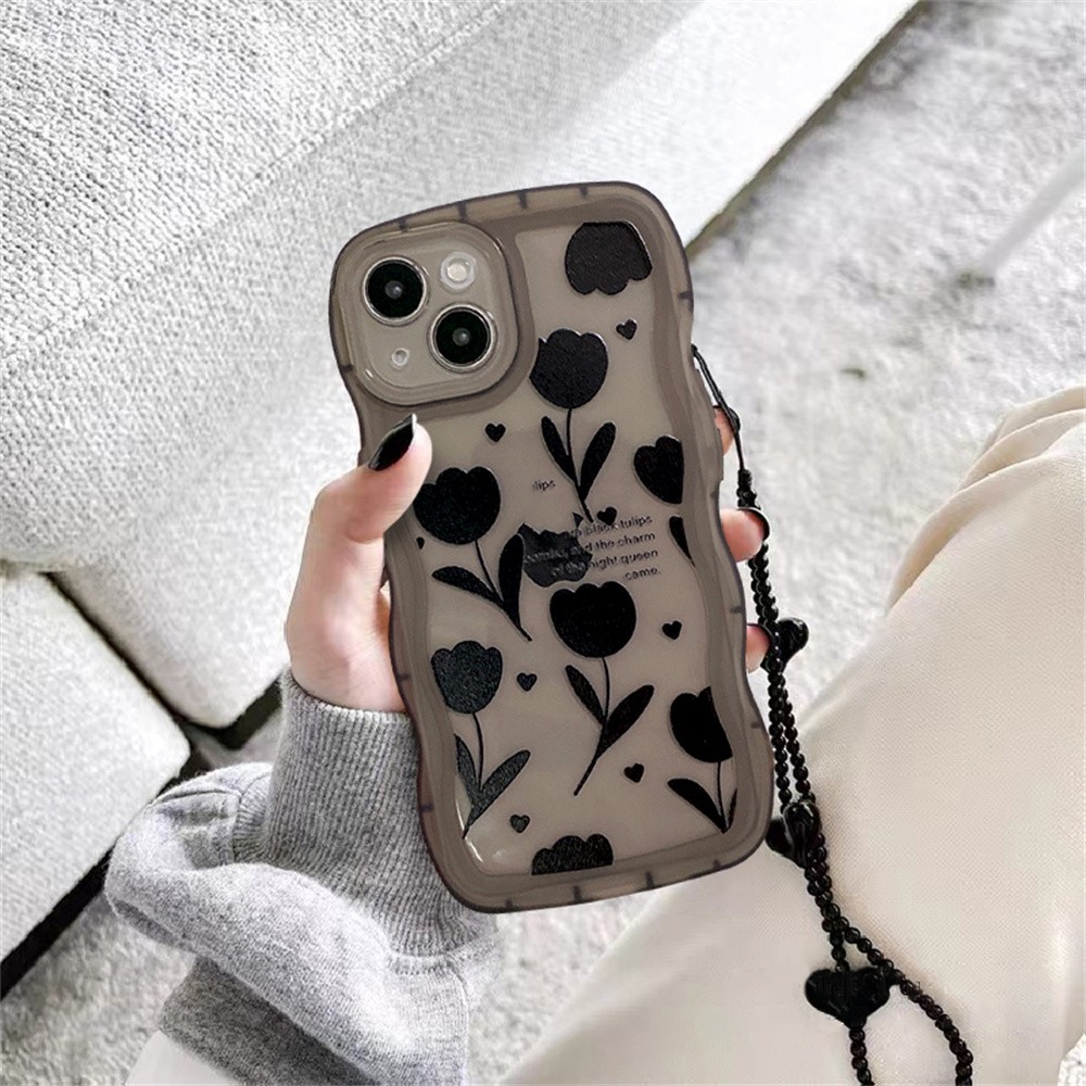 Advanced Niche Black Flowered Silicone Phone Case