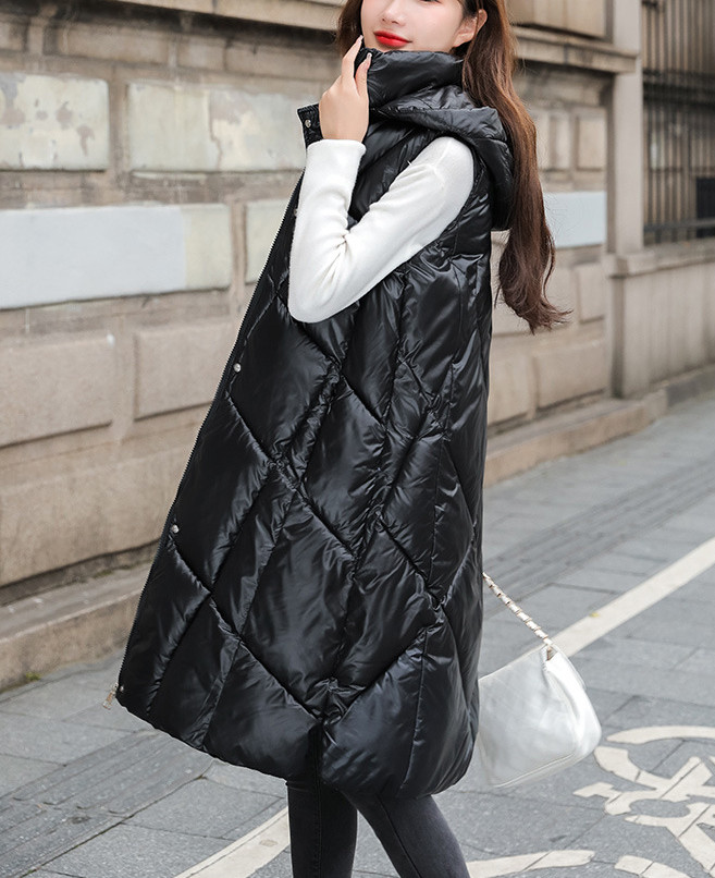 Korean Style Long Down Padded Jacket With Hooded Vest