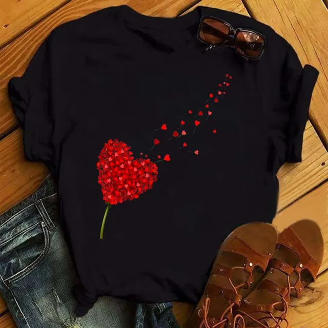 Summer New Fashion Red Love Bicycle Printing Ladies Black T Shirt Loose Casual 10.Style - Shop at LoveMi