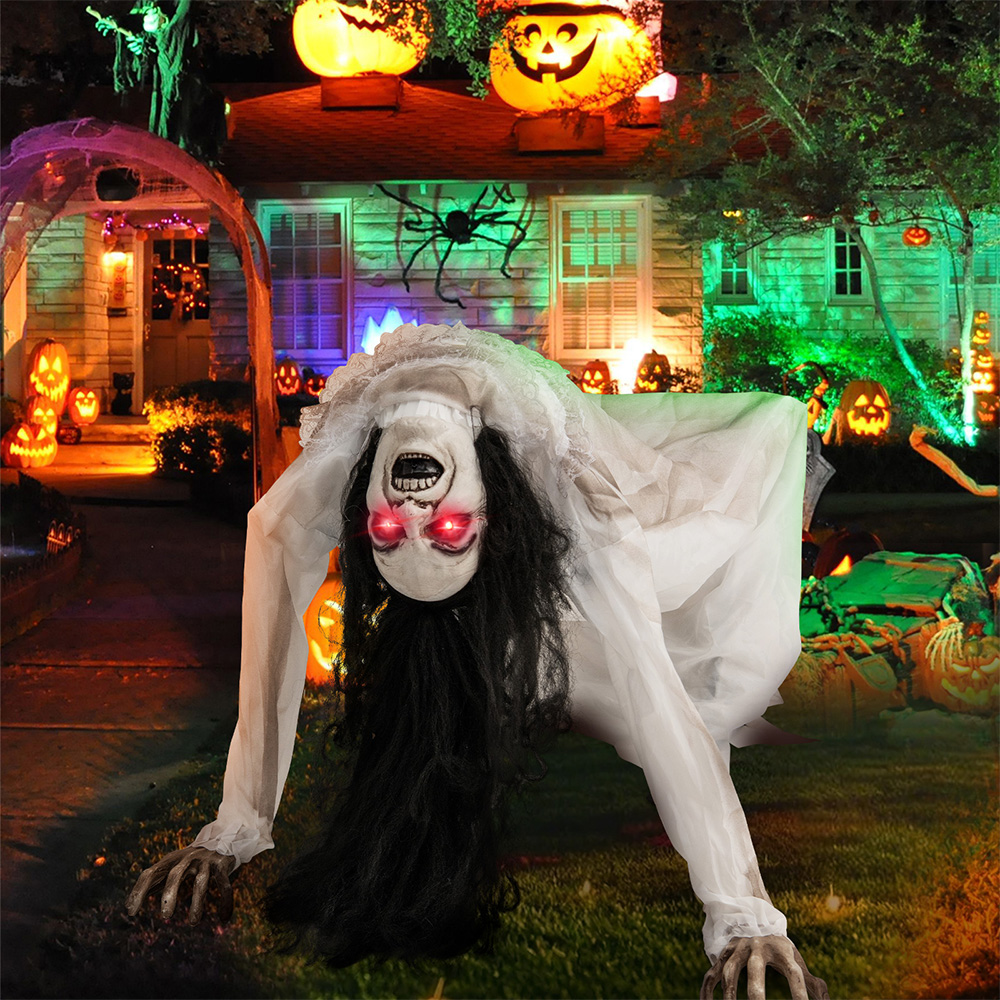 Halloween Animatronic Crawling Woman Ghost With LED Eyes And Vocally Triggered