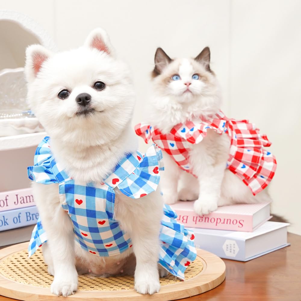 Red Plaid Small Dog Dress Girl Spring Cat Clothes With Heart Pattern Summer Pet Dresses For Dogs Cats Cute Puppy Outfit For Small Dog With Leash Ring — foto 10