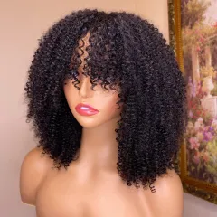 Kinky Curly Human Hair Wigs With Bangs - 180Density - View 1