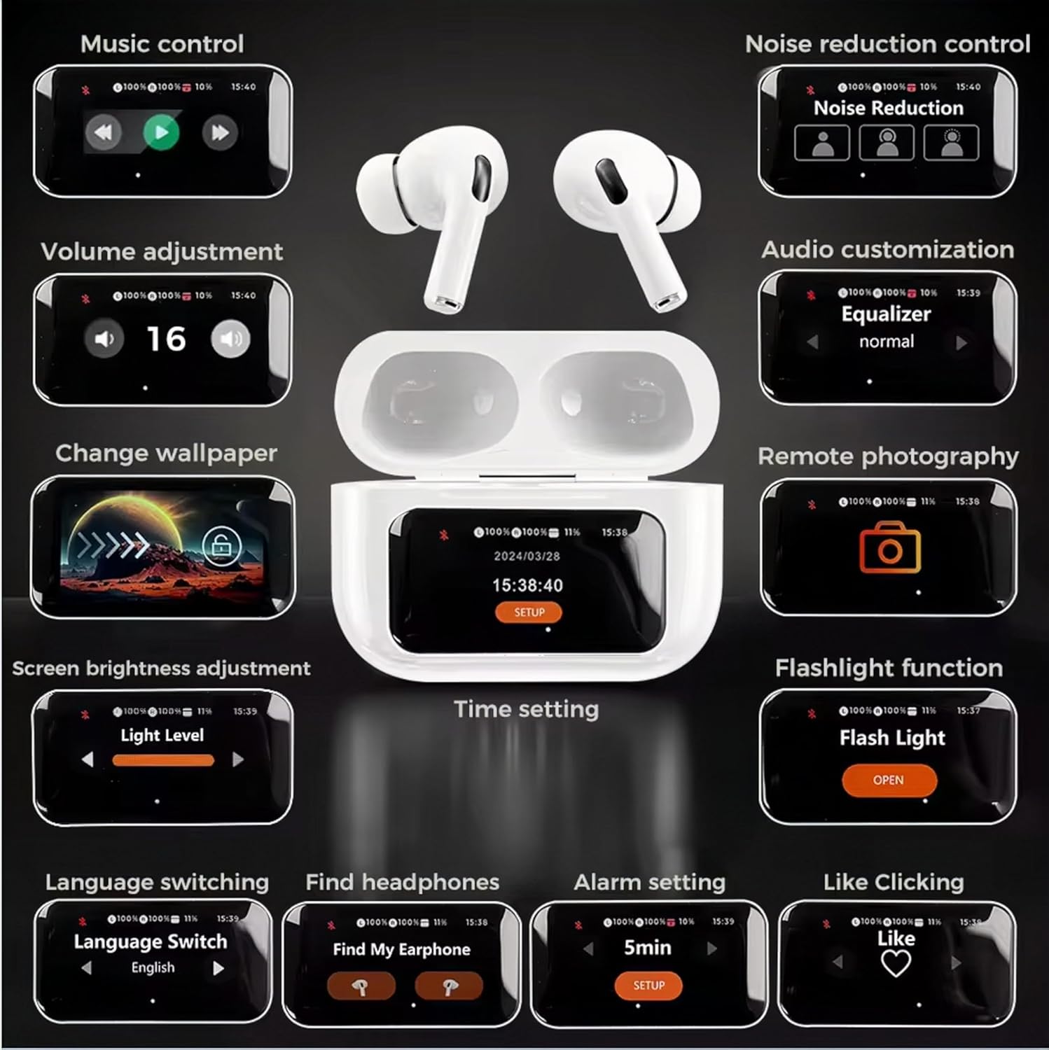 Wireless earbuds Bluetooth 5.3 with active noise cancellation and charging case.