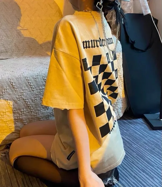 American Style Oversize Retro Checkerboard Print T shirt Women Apricot - Shop at LoveMi