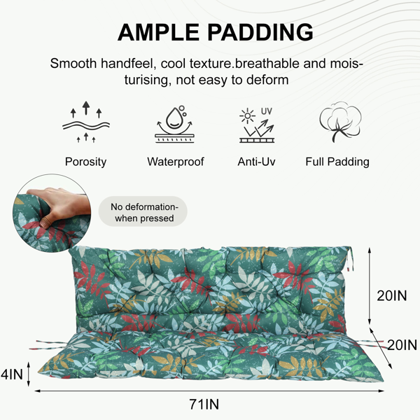 Outdoor Swing Cushions 70 Inch, Waterproof 4i Thick Porch Swing Cushion Replacement With Backrest And Ties, Comfortable 2-3 Seat Pation Swing Pad For Backyard, Garden, Lawn, Outdoor Furniture-Flower — view 6