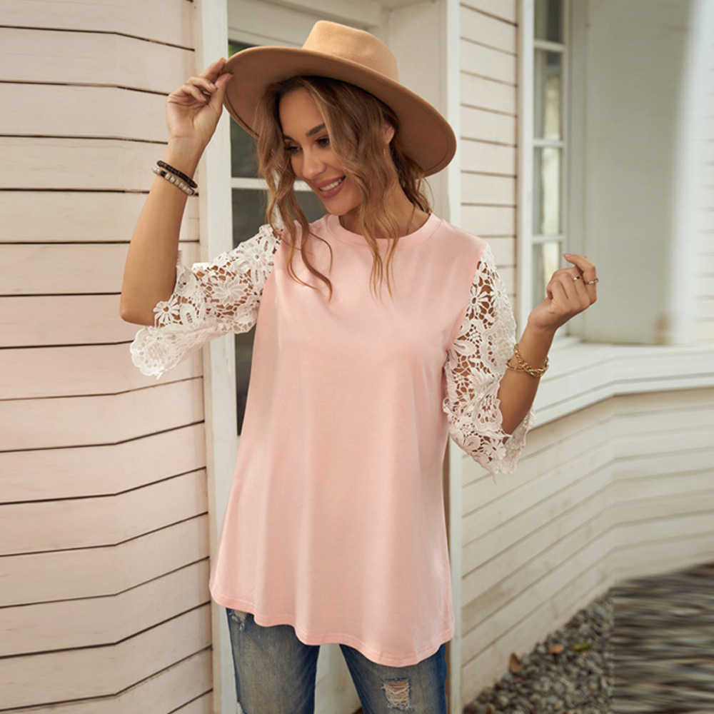 Summer New Style Lace Long-Sleeved Top Solid Color Pullover T-Shirt