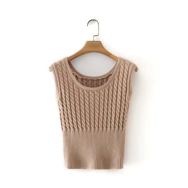 Round Neck Retro Twist Waist Sleeveless Knitted Vest Khaki - Shop at LoveMi