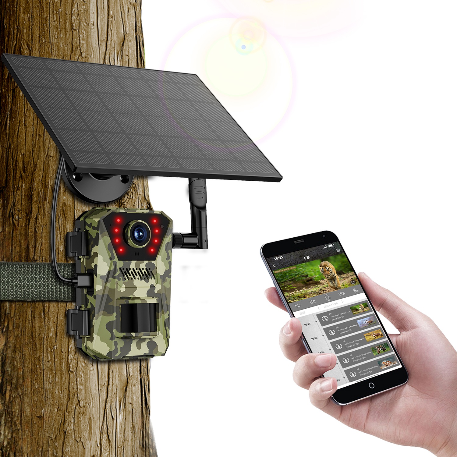 1Pc 4G 4K 30FPS Solar Trail Camera Outdoor Wildlife Camera Motion Activated IP66 Waterproof With 140 Degree Viewing Angle No Glow Night Vision SIM Card APP Control No WiFi Needed