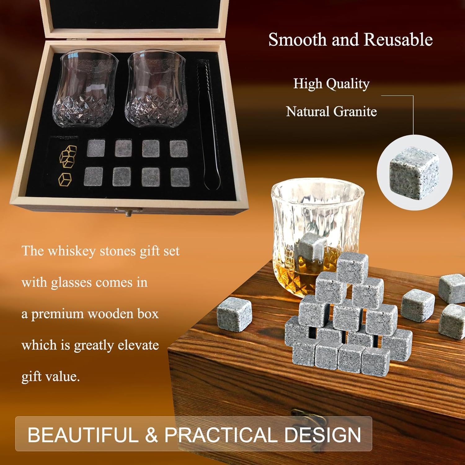Whiskey Stones Gift Set, Includes 2 Whiskey Glasses, 8 Chilling Whiskey Stones In Wooden Gift Box, Unique Gifts For Men Birthday Christmas Valentine Drinking Gift For Dad Husband Party Holiday Present