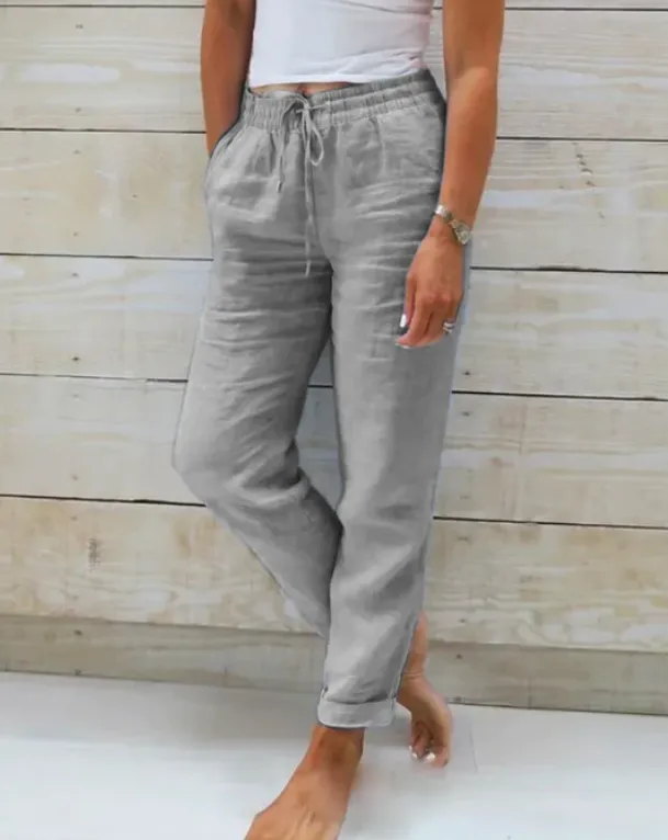 Elastic Waist Solid Cotton Hemp Pants Grey - Shop at LoveMi