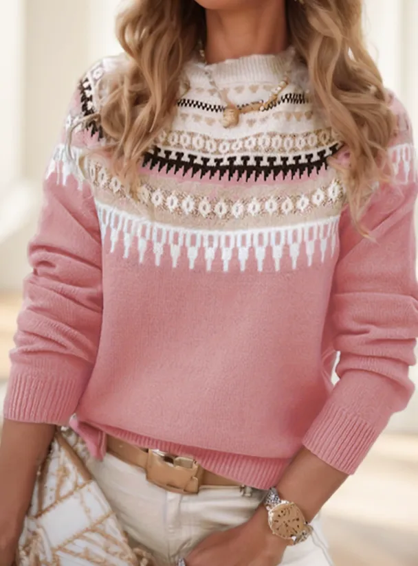 Women's Casual Round Neck Long Sleeve Knit Sweater Pink - Shop at LoveMi