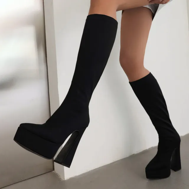 Sardines Platform Pointed Toe Super High Heel Boots Black - Shop at LoveMi