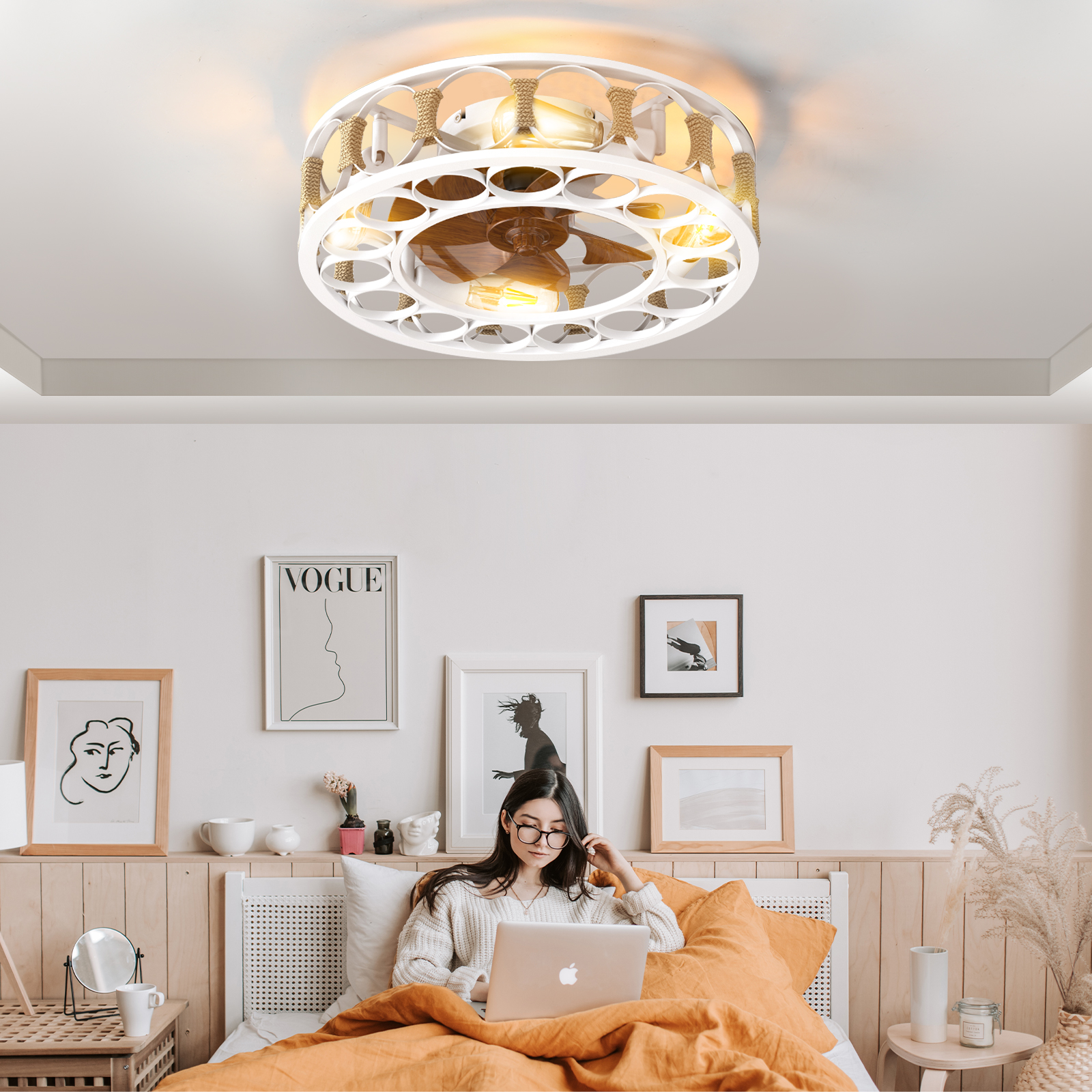 Caged Ceiling Fan With Lights Remote Control,Semi -embedded Modern Ceiling Fans, 6 Speeds Reversible Blades, 4 LED Bulbs Include,White
