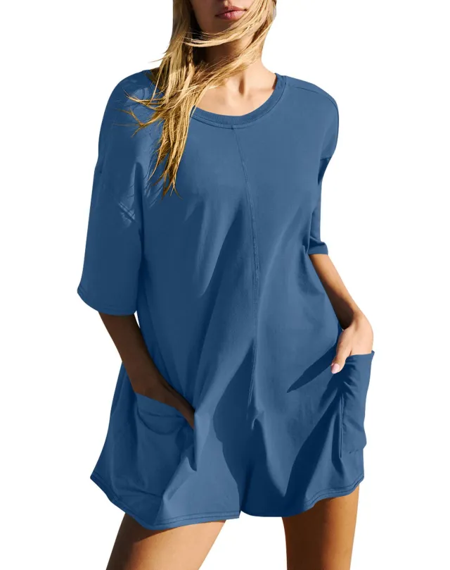 Casual Loose Short sleeved Jumpsuit With Pockets New Crew Neck Shorts Overall Pants Summer Womens Clothing Blue - Shop at LoveMi