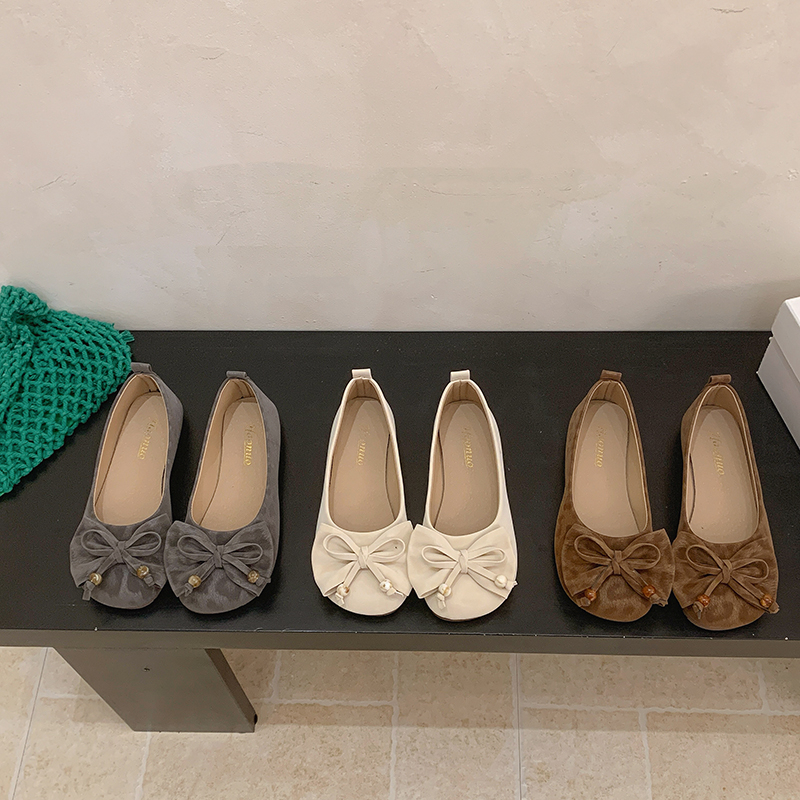 Women Gentle Wooden Bead Bow Ballet Flats, Round Toe Crinkled Soft Breathable Fabric Ultra Light Flexible Sole Slip On Minimalist All-Season Office Daily Banquet Casual Doll