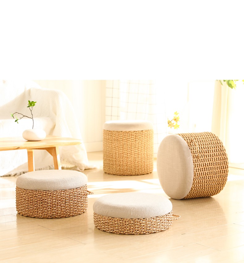 Woven Straw Ottoman Boho Style, high quality natural seating, practical and comfortable design for bedroom, office, and living spaces.