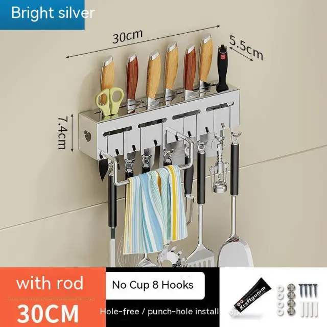 Kitchen Stainless Steel Knife Holder Punch free Chopstick Canister Storage Hook Rack Silver 30Cm - Shop at LoveMi