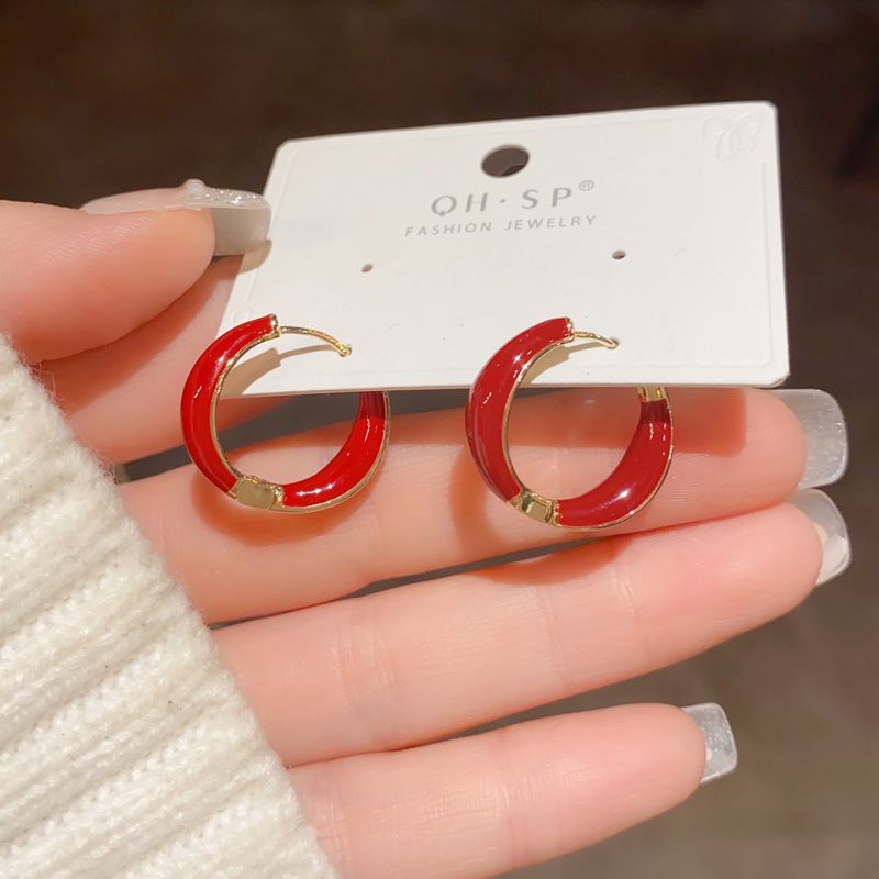Wine Red Pigment Ring Earrings High-grade Female Simple