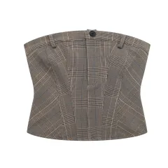Slim Fit With Contrast Checkered Corset Tank Top - Khaki - View 1