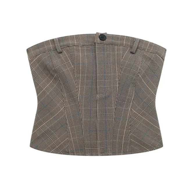 Slim Fit With Contrast Checkered Corset Tank Top Khaki - Shop at LoveMi