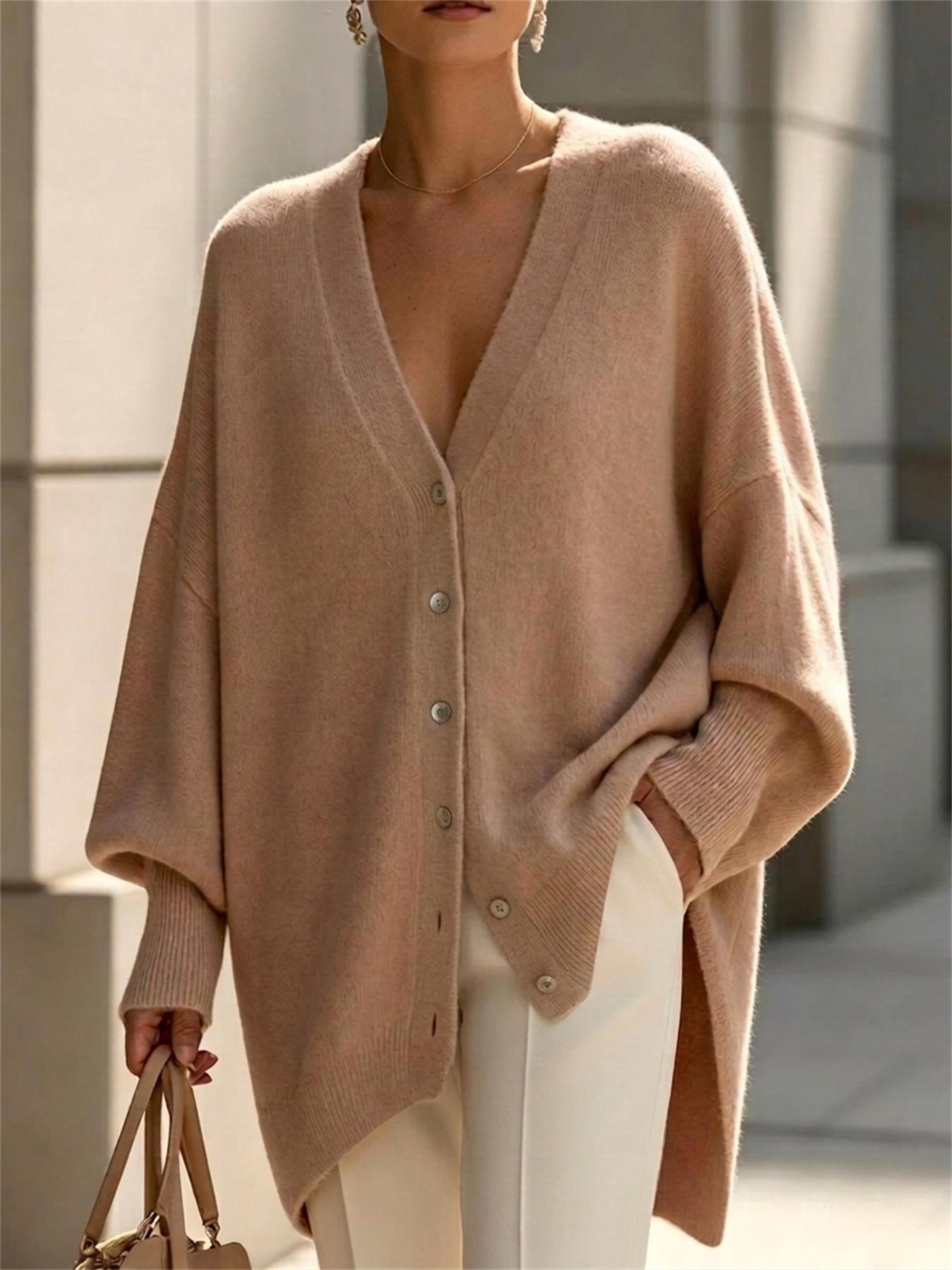 Soft Fluffy Mohair Knit Cardigan, Oversized Batwing Slit Hem Lazy Sweater Coat