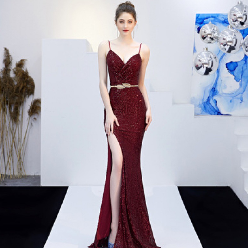 New Banquet Elegant Annual Meeting Long Host Deep V Sexy Fishtail Sequined Dress Claret Plus Belt - Shop at LoveMi