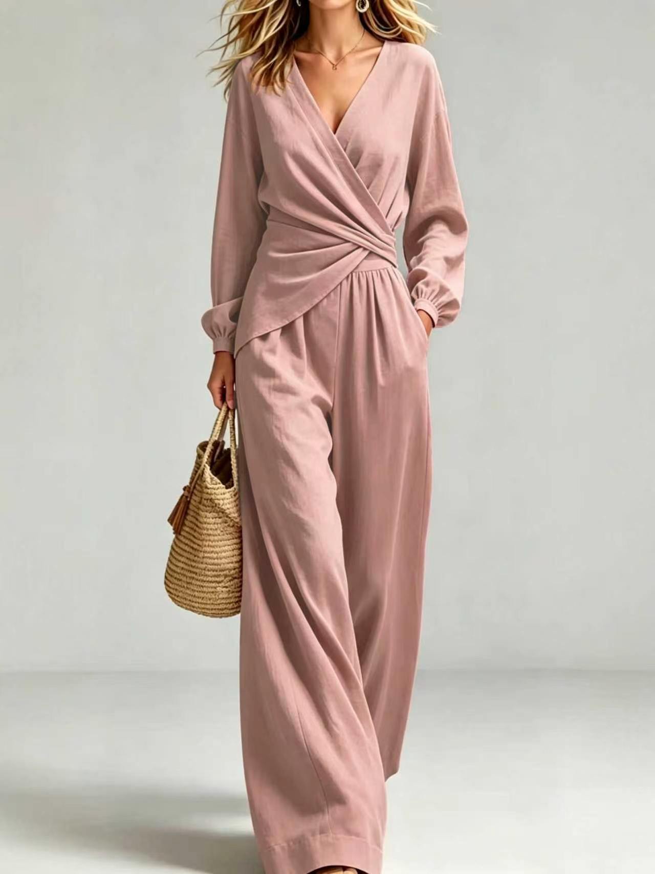 Women's 2-Piece Outfit - V-Neck Long Sleeve Wrap Blouse & Wide Leg Pants Set, Elegant Casual Pocketed Matching Set