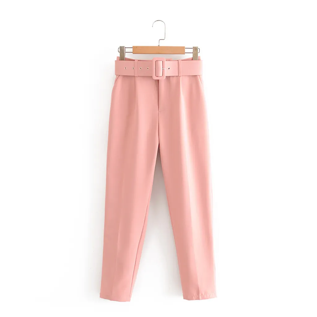 Slim Fit And Slimming Waist Belt Accessories, High Waisted Casual Pants, Yellow Cropped Pants - Pants Leather Powder