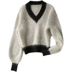 Western Style V-neck Fluffy Sweater Fashion And Elegance - Grey - View 1