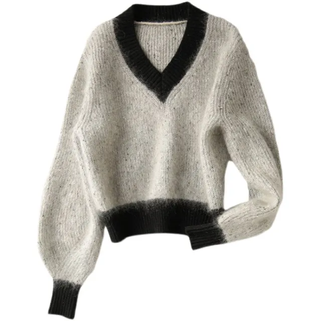 Western Style V neck Fluffy Sweater Fashion And Elegance Grey - Shop at LoveMi