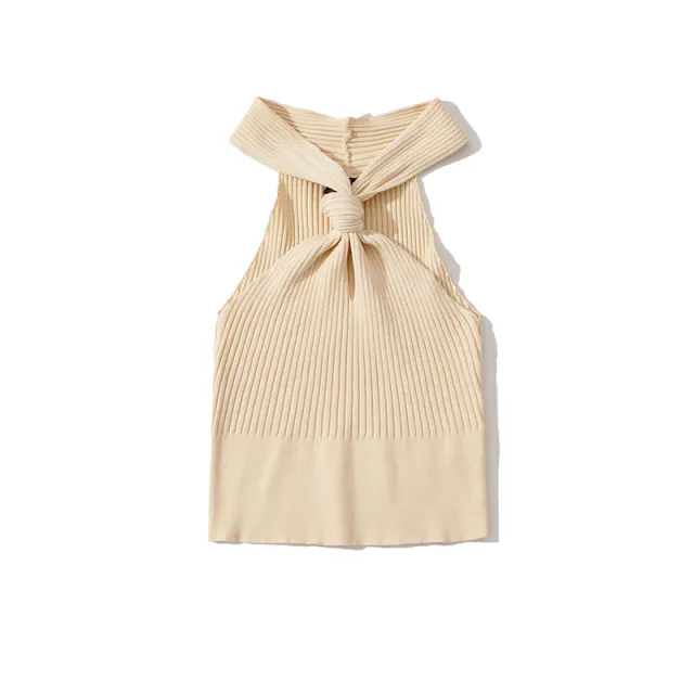 Halter Vest Hollow High Waist Crop Knit Bottoming Shirt Beige - Shop at LoveMi