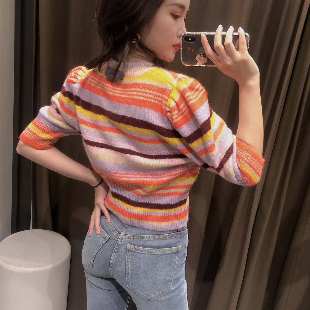 Title 6, Stripe Puffy Sleeve Round Neck Short Sweater Woman