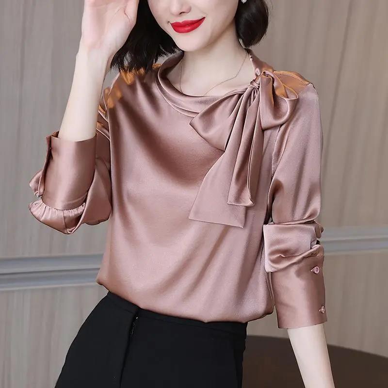 Title 7, Solid Color Bow Chic Top Ladies Shirt Long Sleeve