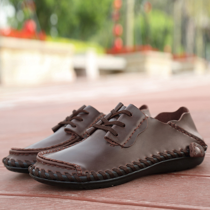 Men's Low-top Lace-up Round Toe Casual Leather Shoes