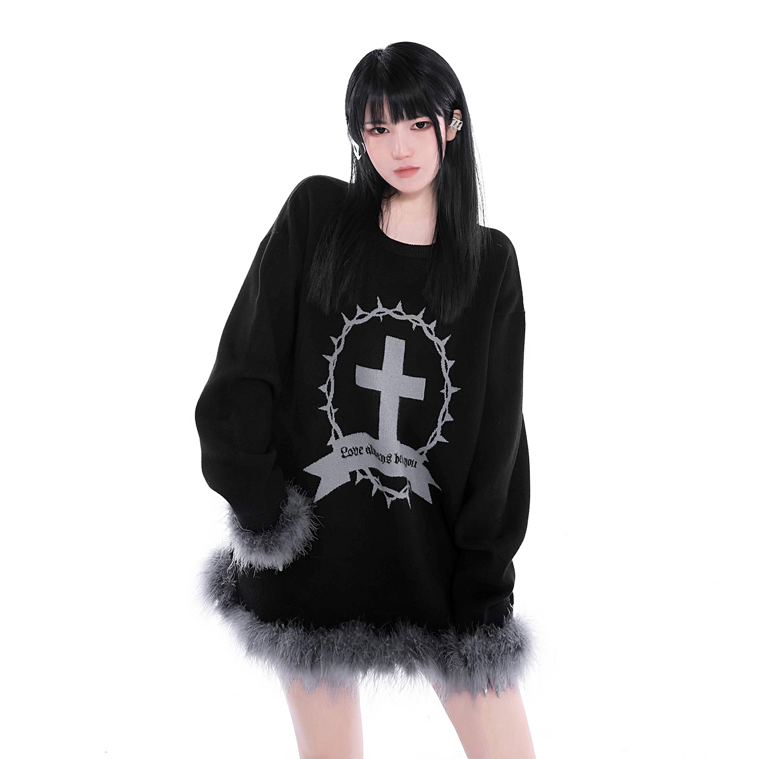 Women's Feather Cross Thorns Warm Oversized Sweater