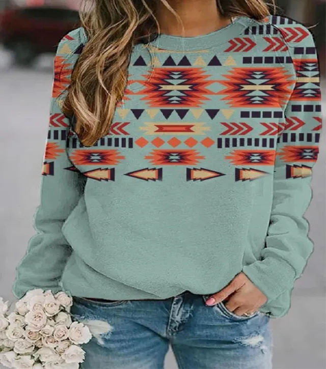 Retro Western Ethnic Geometric Print Ladies Sweatshirt 3 Style - Shop at LoveMi