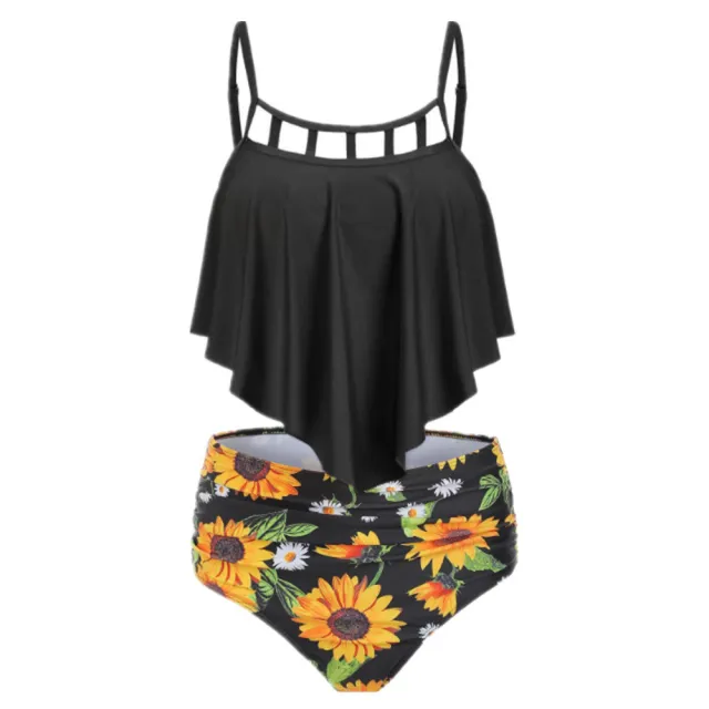 Ruffled Sunflower print High rise Bikini European Black - Shop at LoveMi