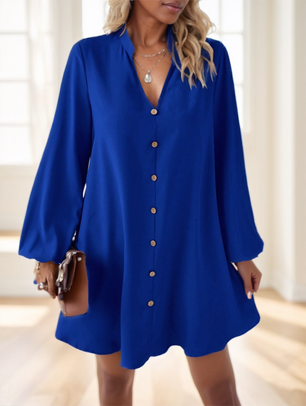 Round Neck Lantern Sleeve Shirt Dress