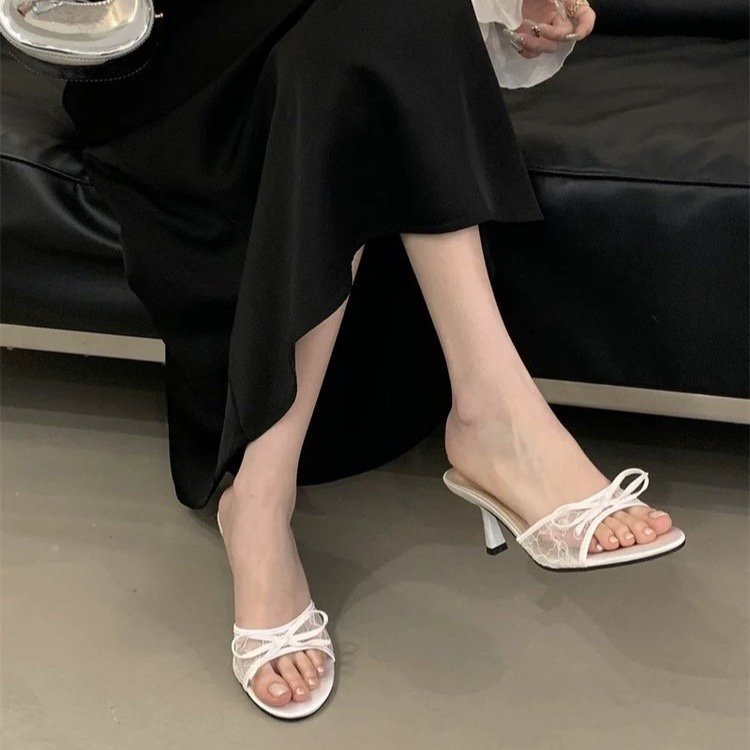 French Style Lace Bow Kitten Heel Mules For Women thumbnail 4