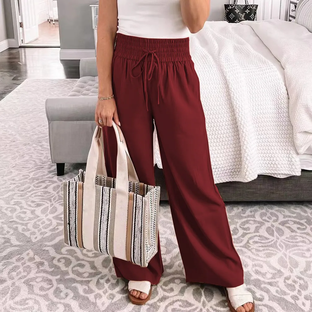 Women's Loose Home Solid Color Lace-up Casual Trousers - Wine