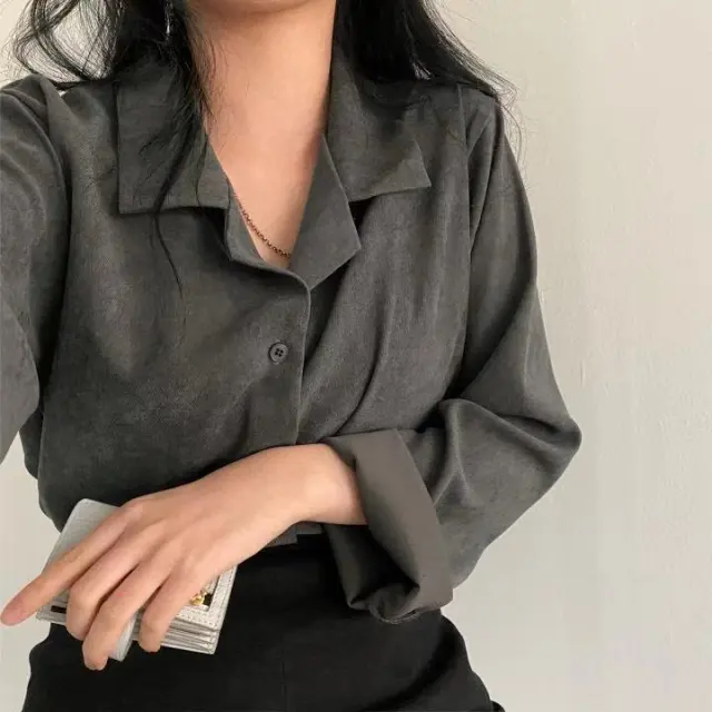 Simple And Versatile Candy Color Lapel Single Breasted Shirt Grey - Shop at LoveMi