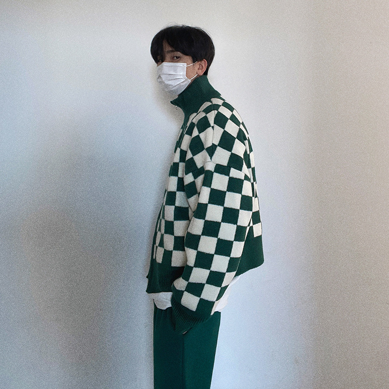 Checkerboard Sweater Men's Loose Trend Stand Collar