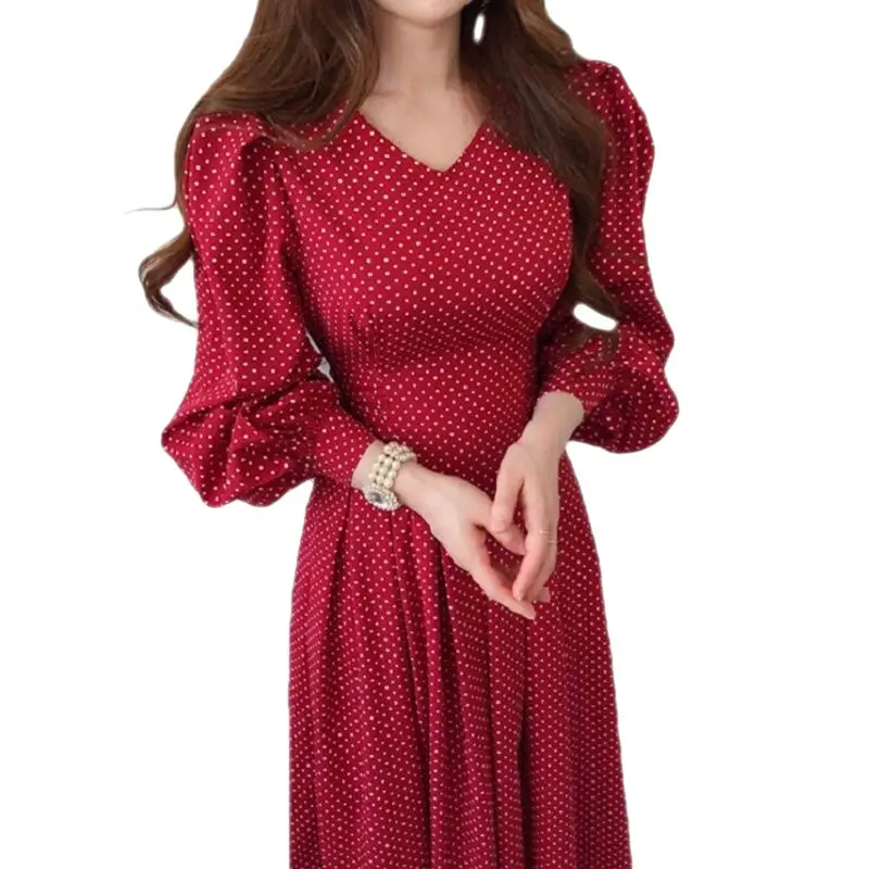 Women's Fashionable Slim Collar Slim-fit High Waist Lace-up Lantern Sleeve Dress