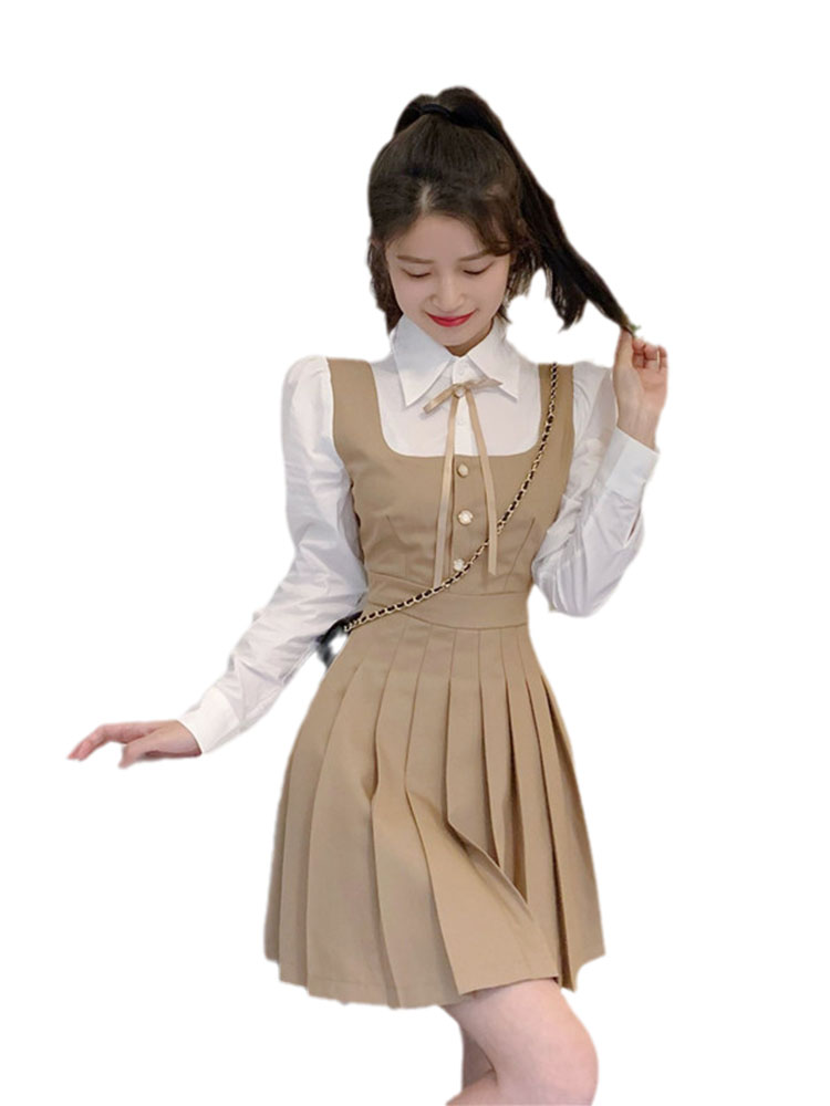 Women's Waist Fake Two-piece Pleated Shirt Dress