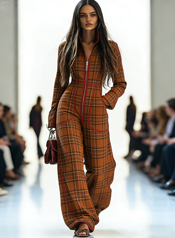 Zippered Long-sleeved Casual Wide-leg Jumpsuit