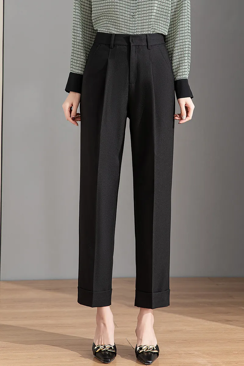 Women's Straight Loose High Waist Draped Casual Pants - Black