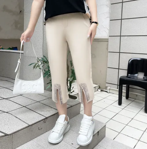 High Waist Cropped Pants Elastic All Match Hot Drill Casual Apricot - Shop at LoveMi